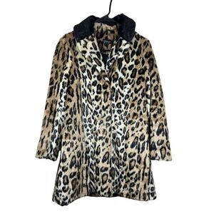Topshop Leopard Print Faux Fur Coat Black Collar Womens Size 2